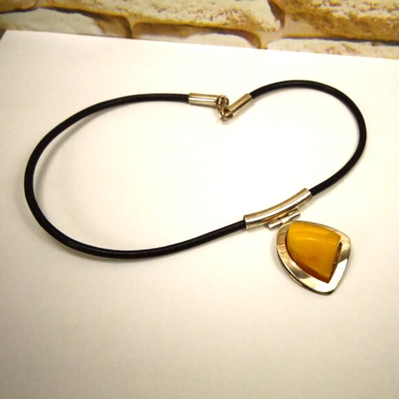 Baltic Amber and 925 Silver Black Leather Cord Modernist Necklace 18" - Her Gift - Picture 7 of 14